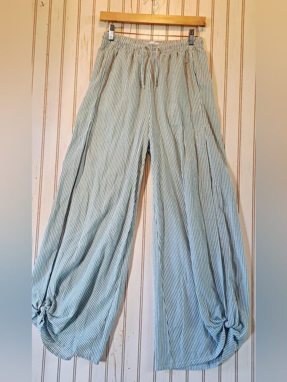 Onia Chloe Wide Leg Harem Pants Green White Stripe Open Panel Slit Tie  Resort S